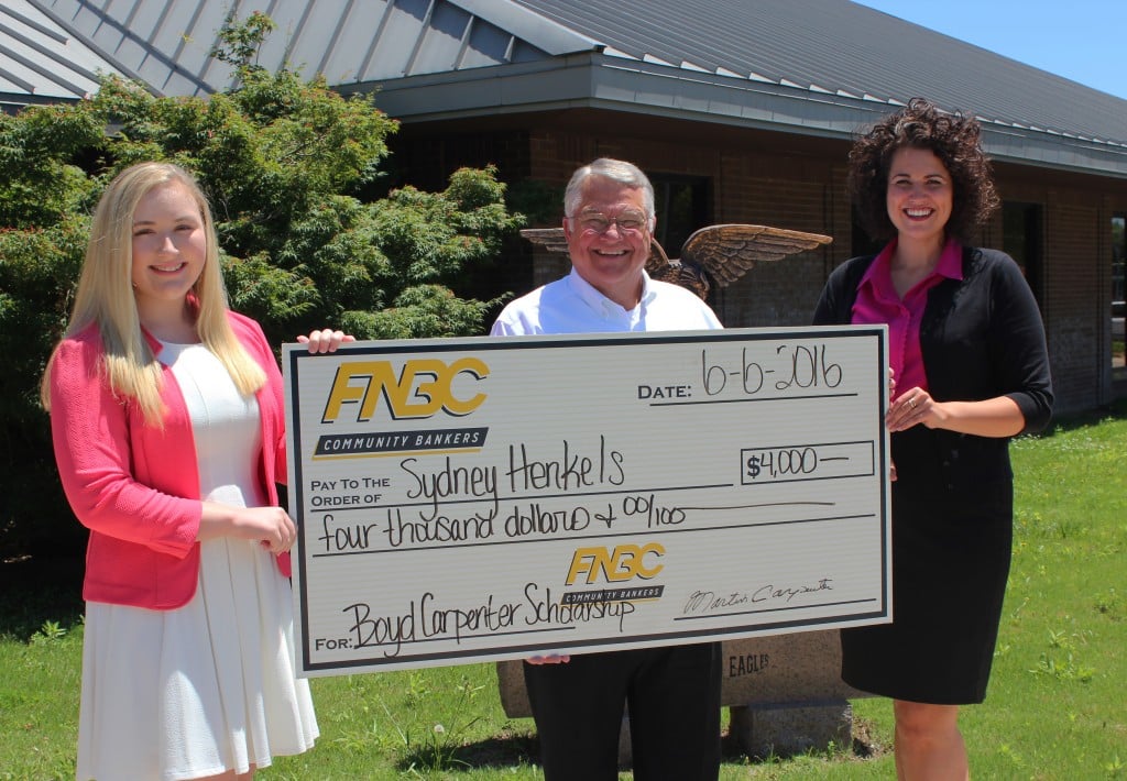 Pictured left to right: Sydney Henkels, a 2016 graduate of Highland High School, is presented with the Boyd Carpenter Scholarship from FNBC by Martin Carpenter, Chairman of the Board of FNBC, and Molly Carpenter, Vice President of Marketing and Public Relations at FNBC. Boyd was Martin's father and Molly's grandfather, and is the late-President and Chairman of the Board of FNBC. 