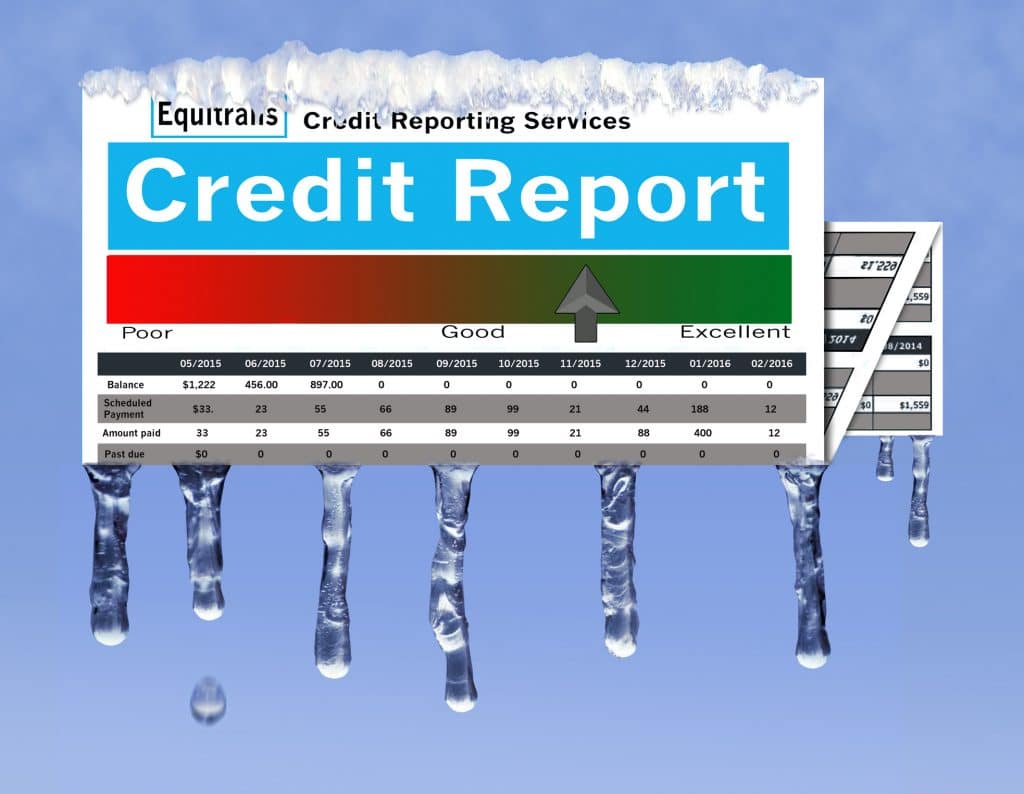 Freeze your credit report for ID protection. Icicles dangle from a mock credit report topped with snow.