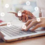 Woman using smartphone and laptop with icon graphic Cyber security network of connected devices and personal data security
